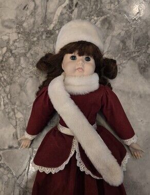 Vintage Porcelain Doll Cloth Body House of LLoyd Inc. Burgundy Velvet White Fur